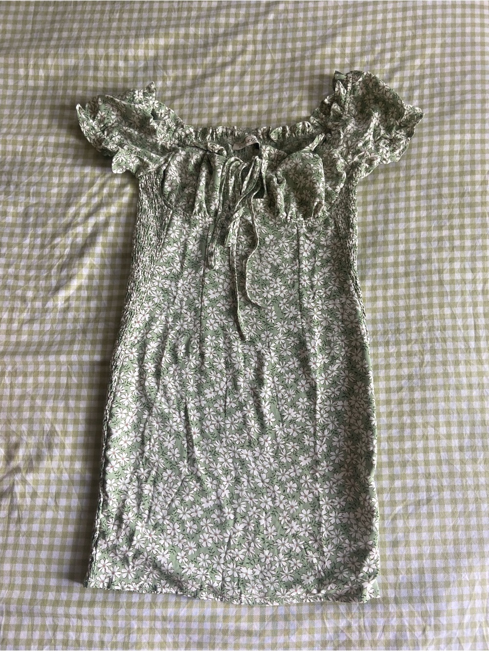 Cellecci Light Green Floral Milkmaid Mini Dress with Puff Detail Tie Front